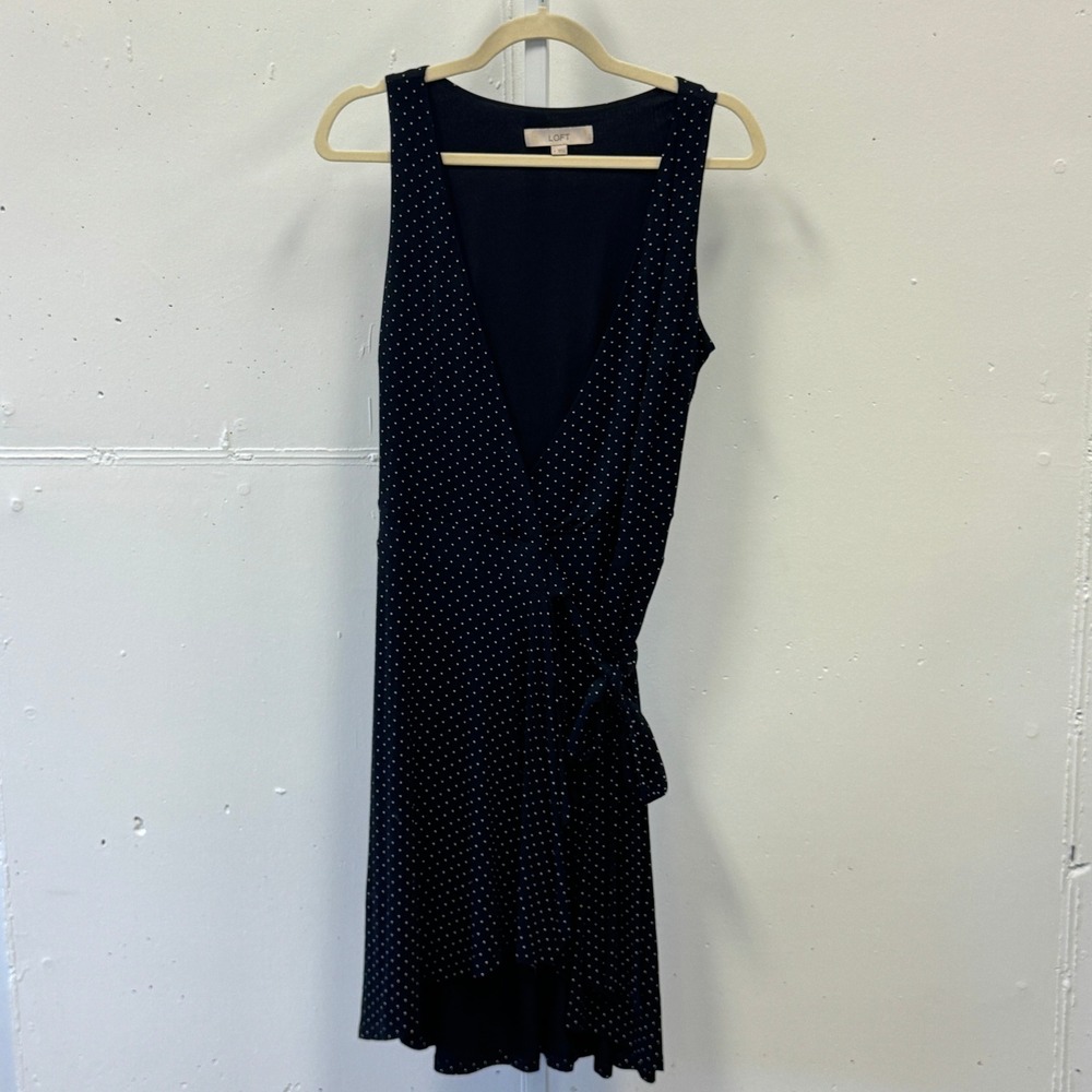 LOFT Polka Dot Sleeveless Wrap Dress Navy Blue White V-Neck Small Soft Stretch